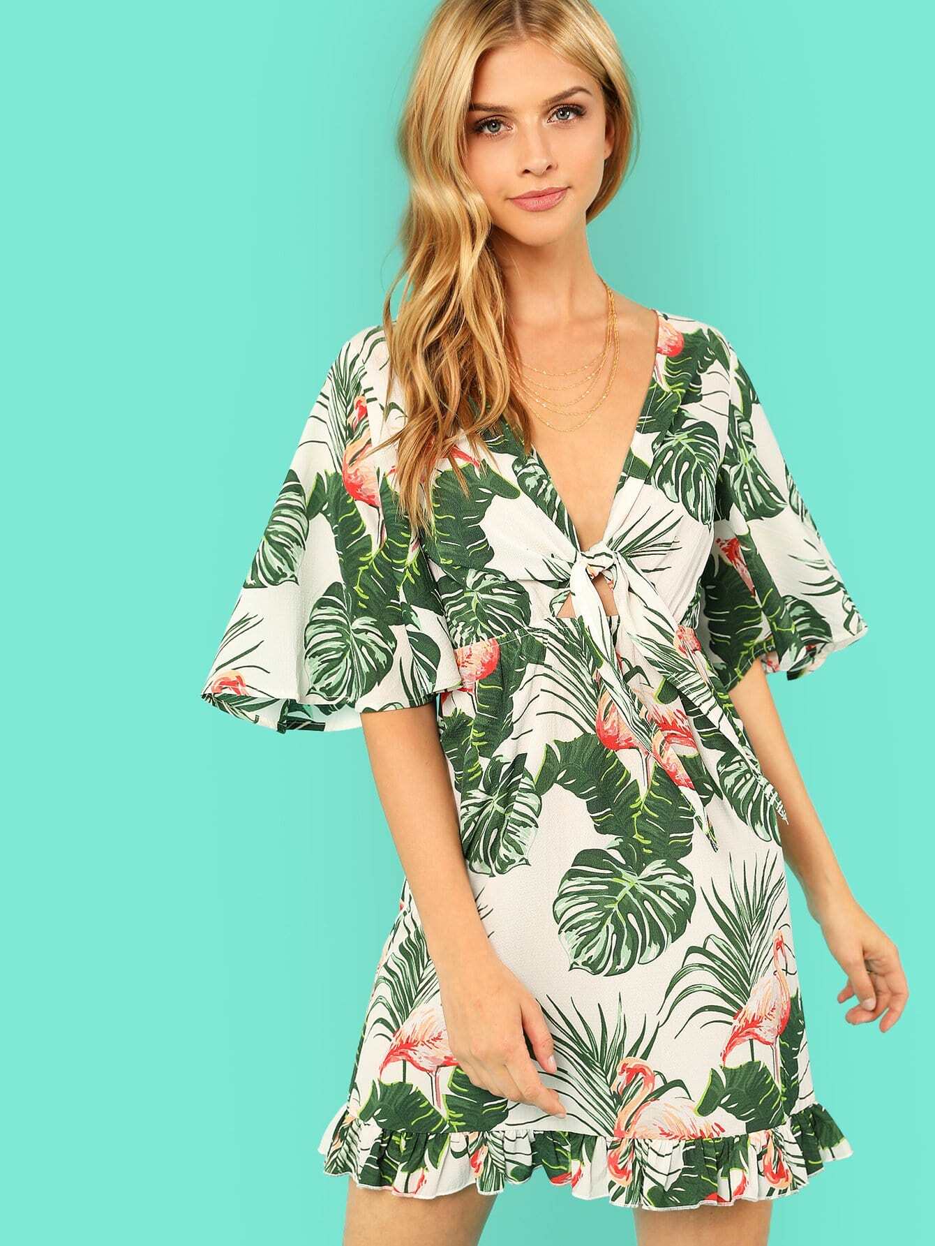 frilled trim jungle print bardot dress