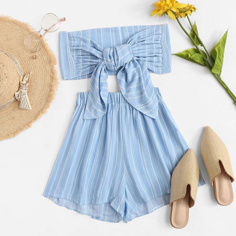 

Knot Front Striped Tube Top With Shorts, Blue