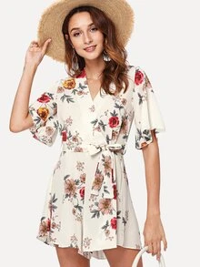 Self Tie Floral Print Wrap Jumpsuit - متعدد الألوان - مشاهدة 3