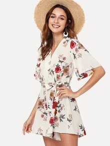 Self Tie Floral Print Wrap Jumpsuit - متعدد الألوان - مشاهدة 4