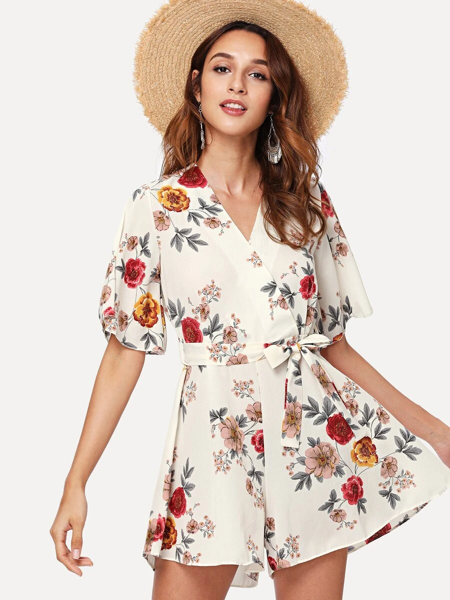 Self Tie Floral Print Wrap Jumpsuit - متعدد الألوان - مشاهدة 1