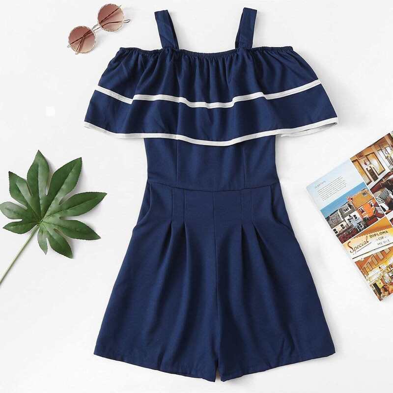 

Contrast Trim Ruffle Romper, Navy