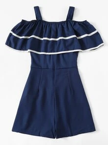 Contrast Trim Ruffle Romper - Navy Blue - View 3