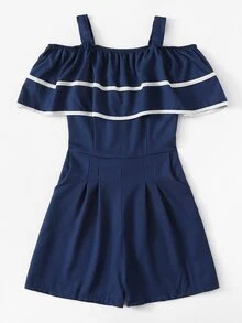 Contrast Trim Ruffle Romper - Navy Blue - View 2