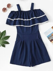 Contrast Trim Ruffle Romper - Navy Blue - View 1