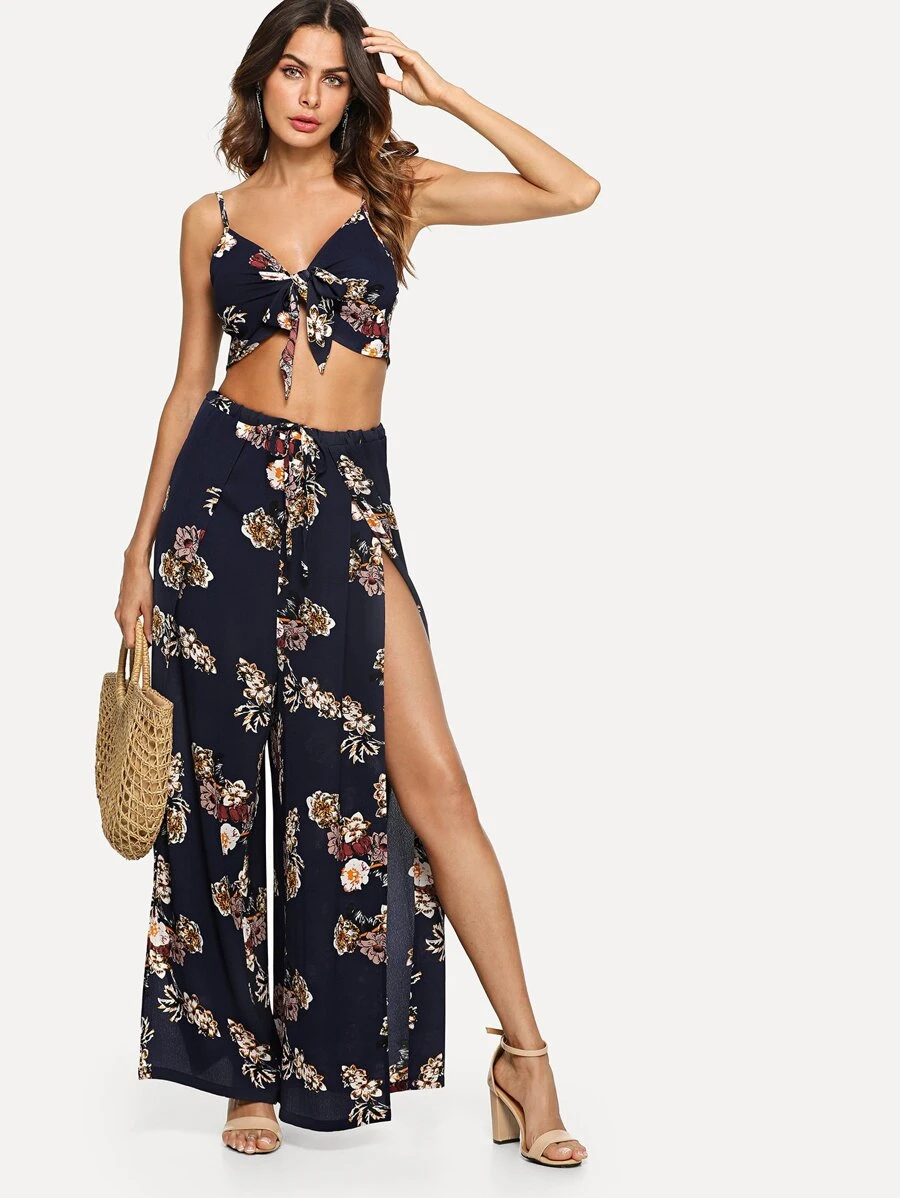 SHEIN 印花吊帶上衣+寬褲套裝 - 藏蓝色 - 查看 1