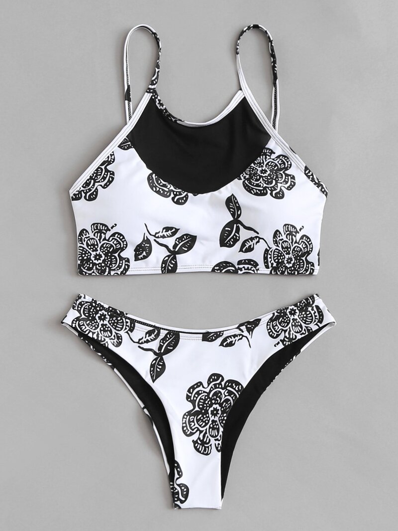 

Flower Print Bikini Set, Black and white