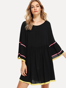 Flounce Sleeve Ribbon Detail Smock Dress