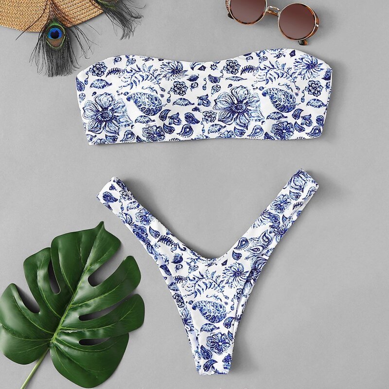 

Porcelain Print Bandeau With High Leg Bikini Set, Blue