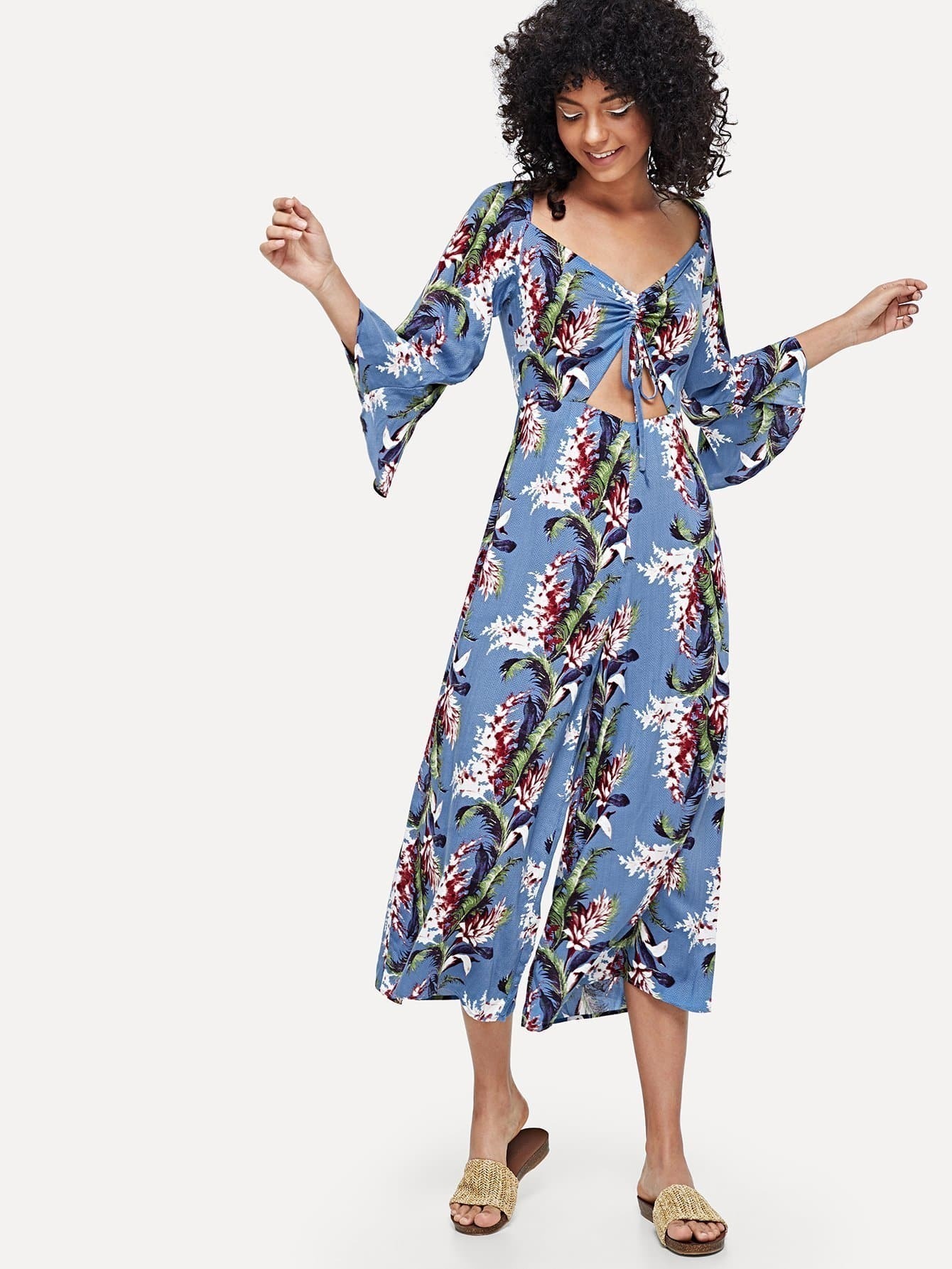 drawstring front cutout midriff tropical jumpsuit