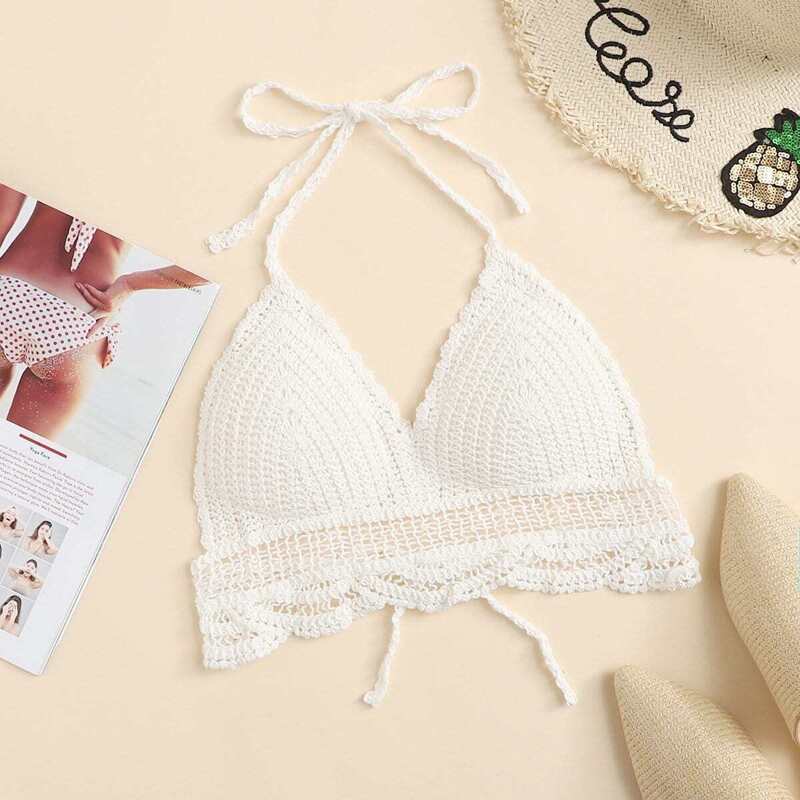 

Hollow Out Crochet Halter Top, White