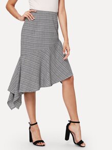 Asymmetric Flounce Hem Plaid Skirt