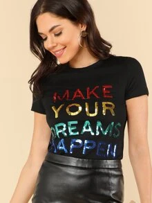 SHEIN BAE Áo thun Contrast Sequin Lá thư màu đen Casual - màu đen - Xem 1