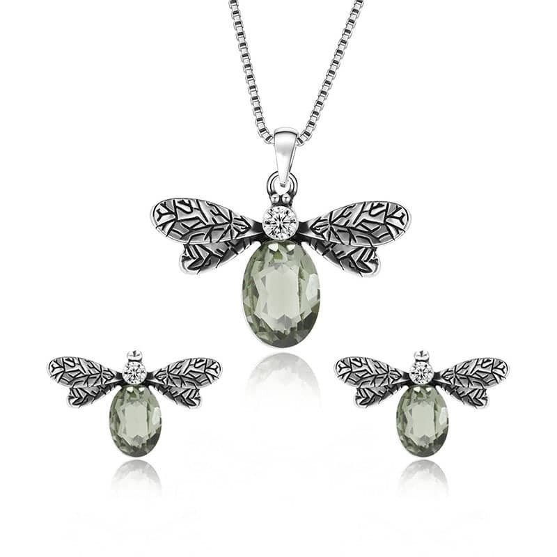 

Metal Insect Pendant Necklace & Earrings Set With Stone