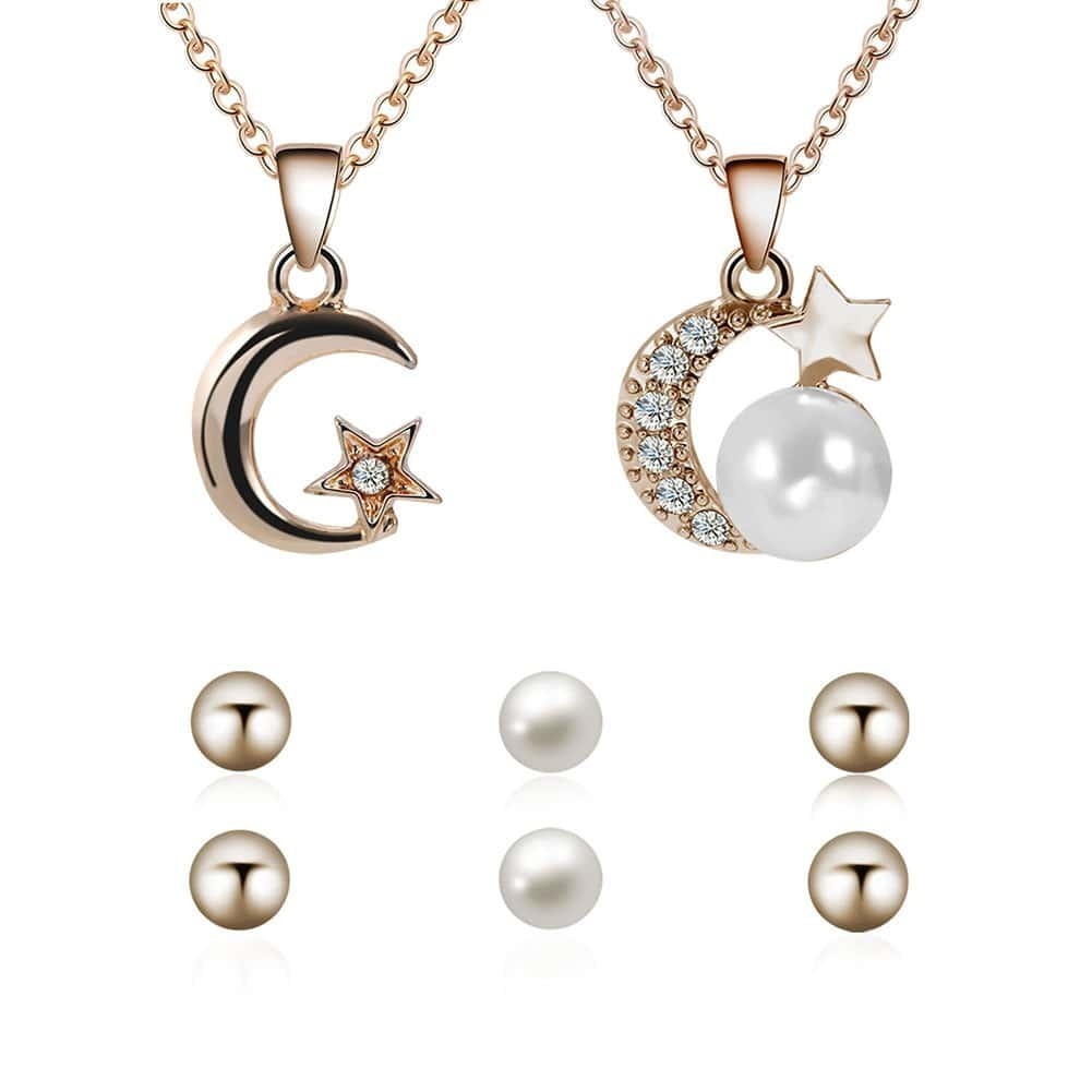 

Rhinestone Moon And Star Necklace 2pcs & Earrings 3pairs