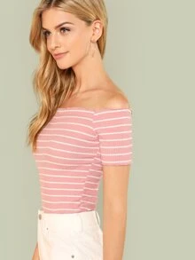 SHEIN Bardot tshirt med overlockade kanter - Dammrosa - Visa 3