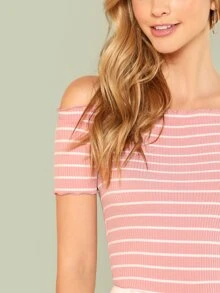SHEIN Bardot tshirt med overlockade kanter - Dammrosa - Visa 4