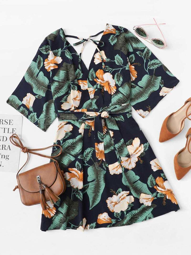

Flowers Print Tie V Neck Dress, Multicolor