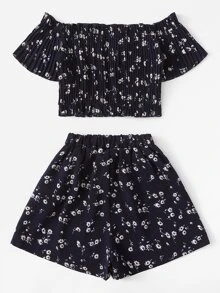 Off Shoulder Floral Crop Top With Shorts - Navy Blue - View 2