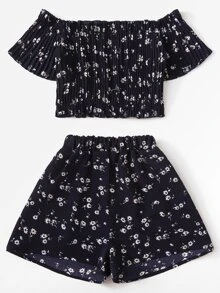 Off Shoulder Floral Crop Top With Shorts - Navy Blue - View 3