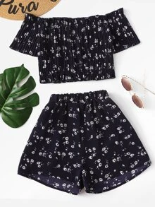 Off Shoulder Floral Crop Top With Shorts - Navy Blue - View 1