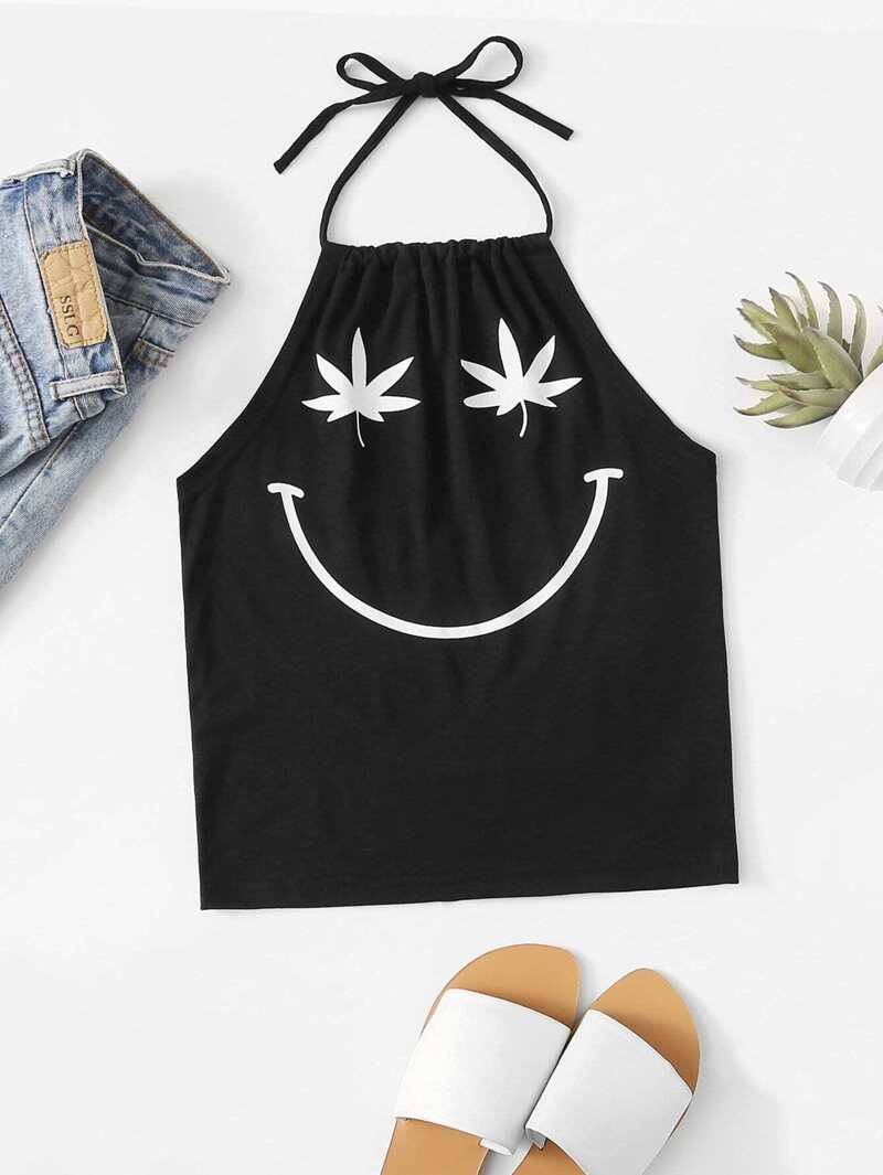 

Graphic Print Halter Top, Black