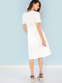 SHEIN Button Up Front Plunging Dress - White - View 3