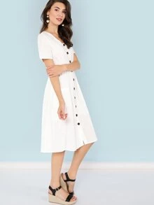SHEIN Button Up Front Plunging Dress - White - View 2