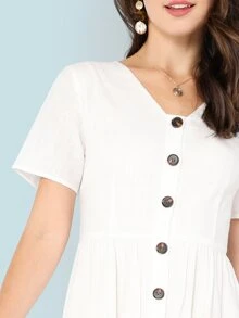 SHEIN Button Up Front Plunging Dress - White - View 4