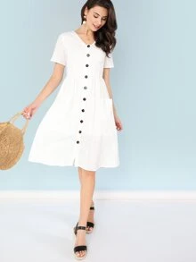 SHEIN Button Up Front Plunging Dress - White - View 5