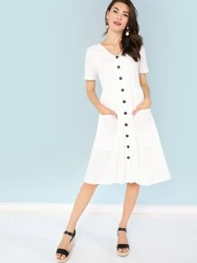 SHEIN Button Up Front Plunging Dress - White - View 1