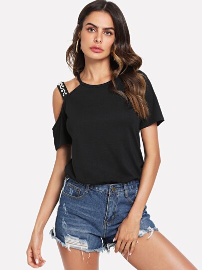 Pearl Beading Strappy Shoulder T-shirt pictures