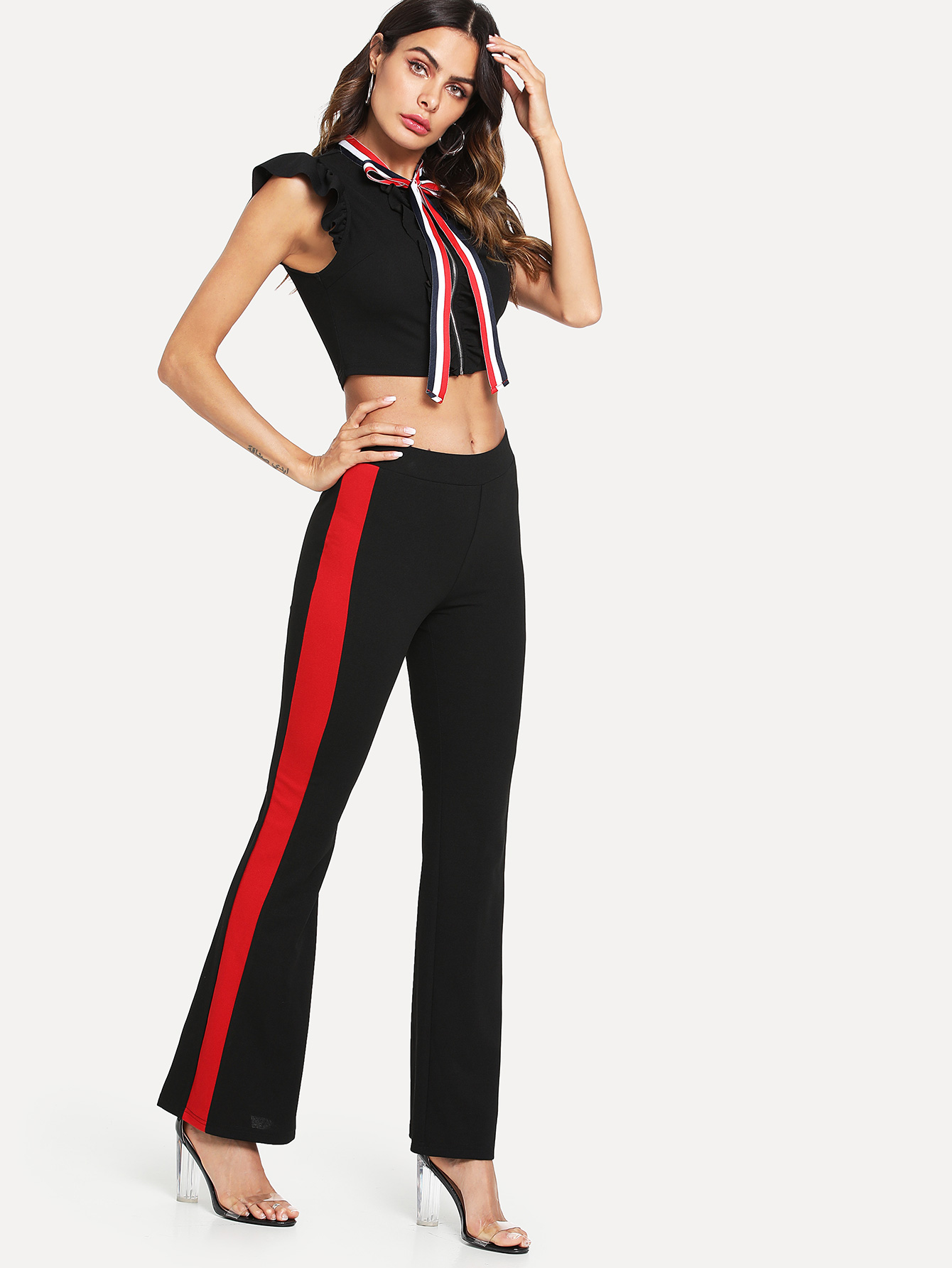 SHEIN Set di pantaloni a zampa d'elefante e zip a righe | SHEIN ITALIA
