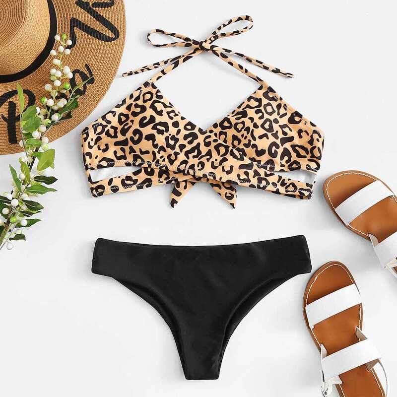 

Cross Wrap Leopard Bikini Set, Multicolor