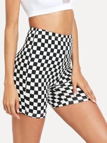 SHEIN EZwear Checkered Print High-Rise Biker Shorts - Black and White - View 3