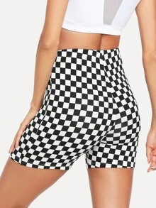 SHEIN EZwear Checkered Print High-Rise Biker Shorts - Black and White - View 2