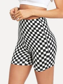 SHEIN EZwear Checkered Print High-Rise Biker Shorts - Black and White - View 1