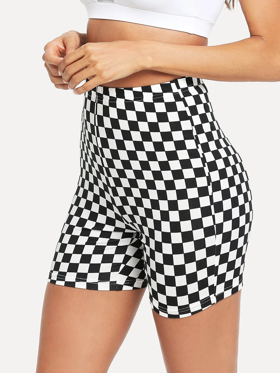 SHEIN EZwear Checkered Print High-Rise Biker Shorts - Black and White - View 1