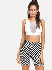 SHEIN EZwear Checkered Print High-Rise Biker Shorts - Black and White - View 4