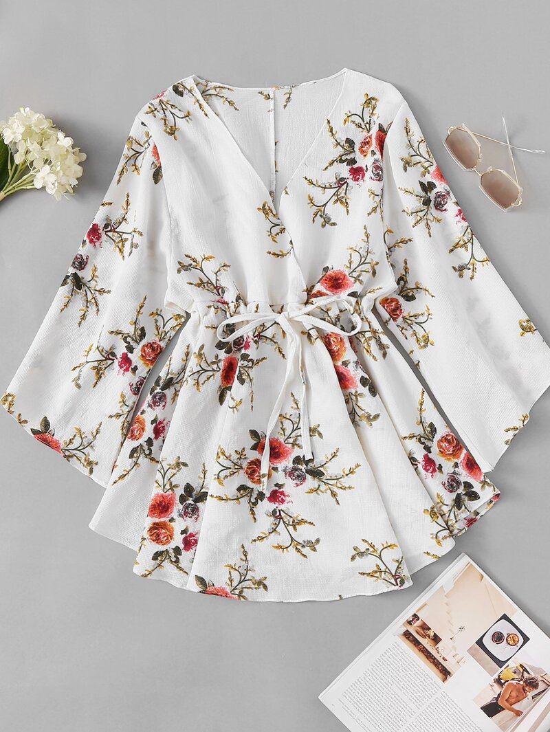 

Floral Print Surplice Drawstring Waist Dress, Multicolor