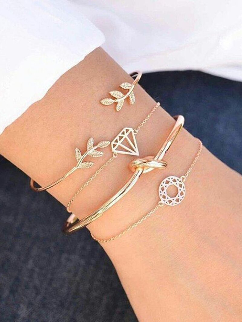

Twist & Leaf Design Bracelet Set 4pcs, Gold