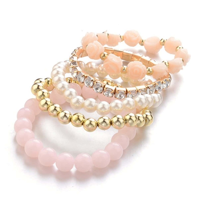 

Flower Detail Beaded Bracelet 5pcs, Pink