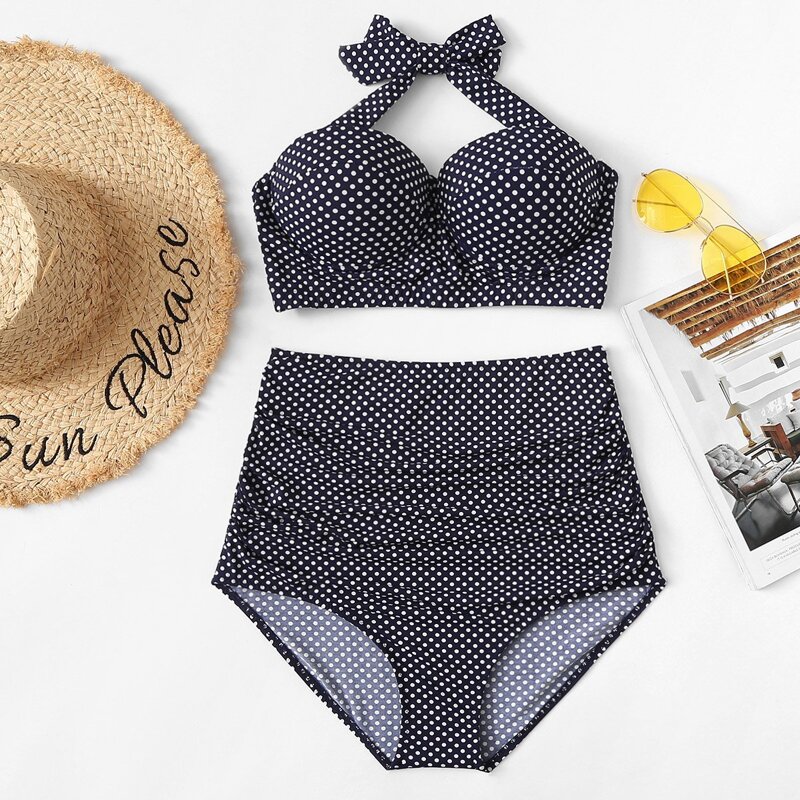 

Plus Dot Print Halter Top With High Waist Bikini Set, Black and white