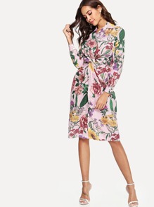 Floral Button Twist Striped Dress