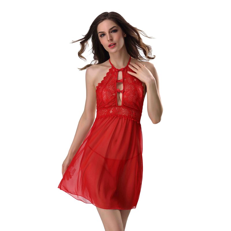

Cut-Out Bow Detail Babydoll With Thong, Red bright