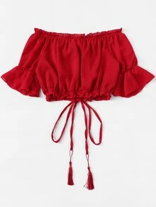 紅色波西米亞揉皺純色女士上衣 - 酒紅色 - 查看 2