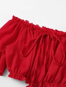 紅色波西米亞揉皺純色女士上衣 - 酒紅色 - 查看 3