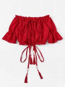 紅色波西米亞揉皺純色女士上衣 - 酒紅色 - 查看 5