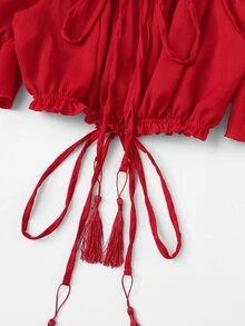 紅色波西米亞揉皺純色女士上衣 - 酒紅色 - 查看 4