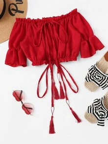 紅色波西米亞揉皺純色女士上衣 - 酒紅色 - 查看 1